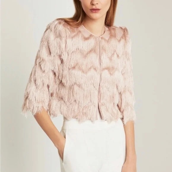 BCBGMaxAzria Jackets & Blazers - NWOT BCBGMaxAzria Jaxson Crochet Fringe Jacket Pink L